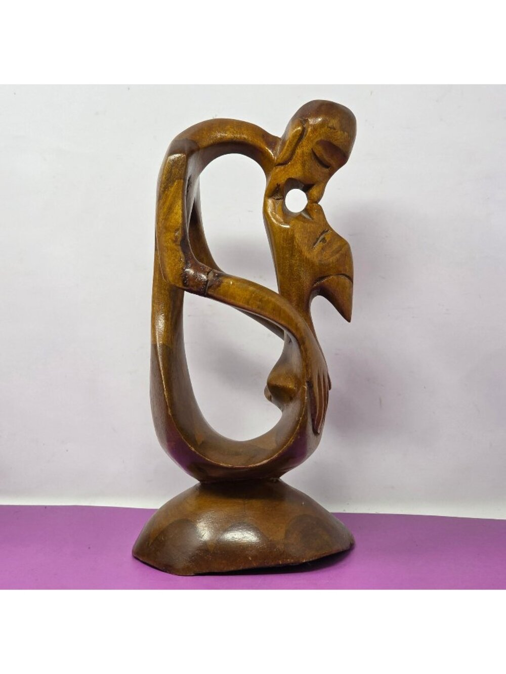 Hand-Carved Abstract Wooden Sculpture Couple Embrace On Round Base Brown Finish